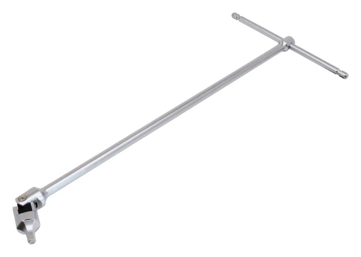 Full-length chrome T-handle wrench with sliding crossbar and universal swivel head with 5 mm hex tip.