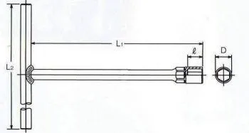 Line drawing schematic of a T-handle sliding wrench with labeled dimensions (L1, L2, ℓ, D) and end view