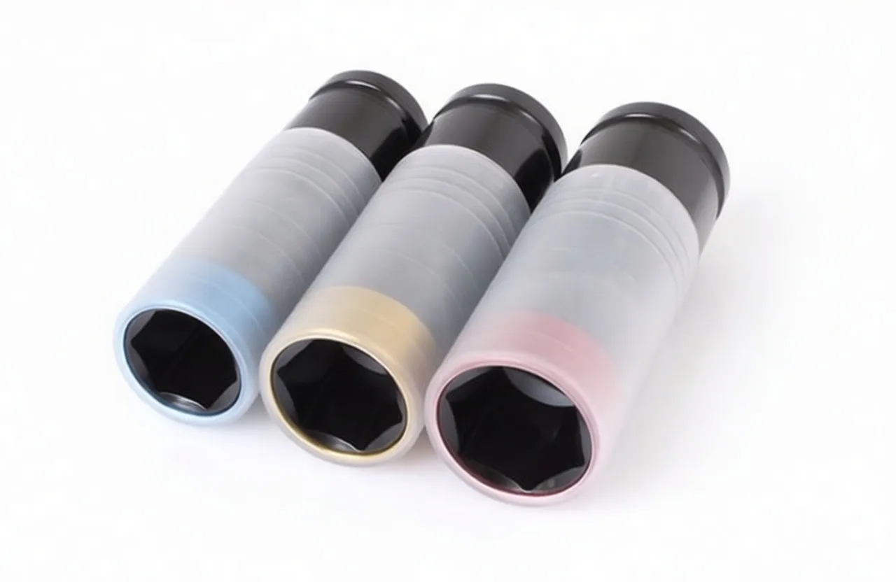 Three long slim impact sockets with color-coded translucent sleeves (blue, gold, pink) and black steel hex openings and drive ends