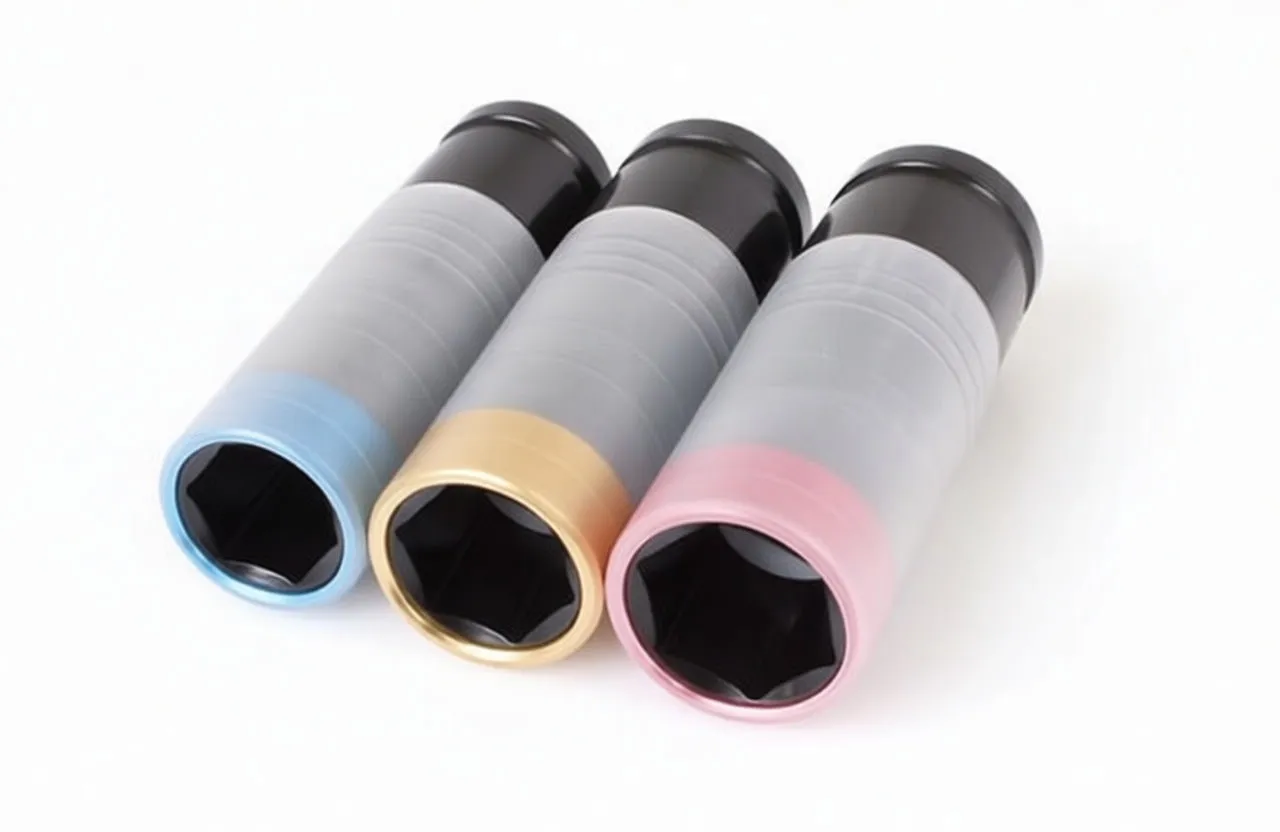 Three slim impact sockets with blue, gold, and pink protective end rings and grey ribbed sleeves arranged on white background