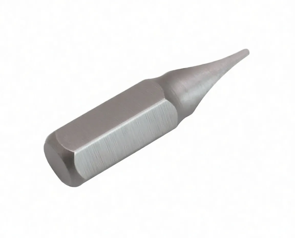 Angled side view of a slotted 1/4" hex bit showing tapered neck, hex shank and engraved logo