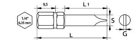 Technical drawing of a slotted screwdriver bit with hex shank and dimensional annotations