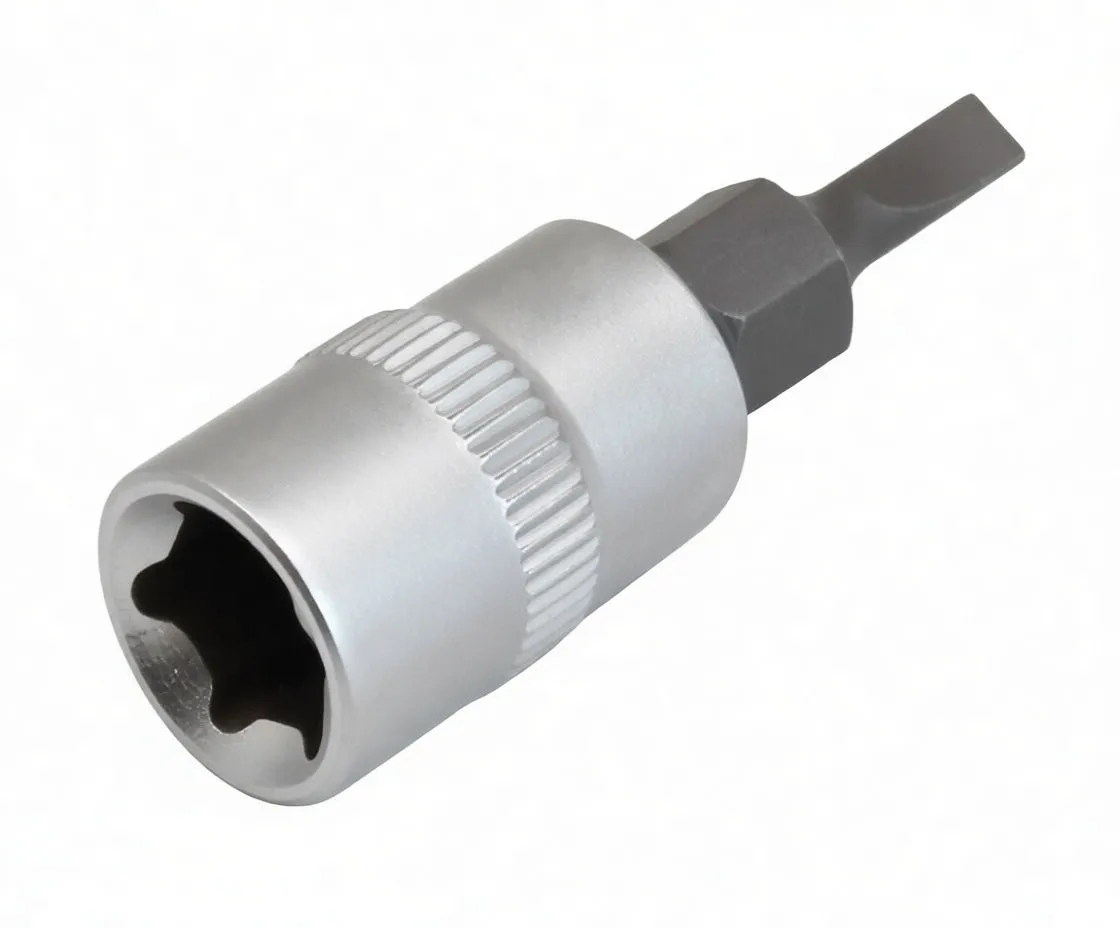 Angled shot of a flat slotted bit protruding from a silver metal socket with knurled grip and embossed logo.