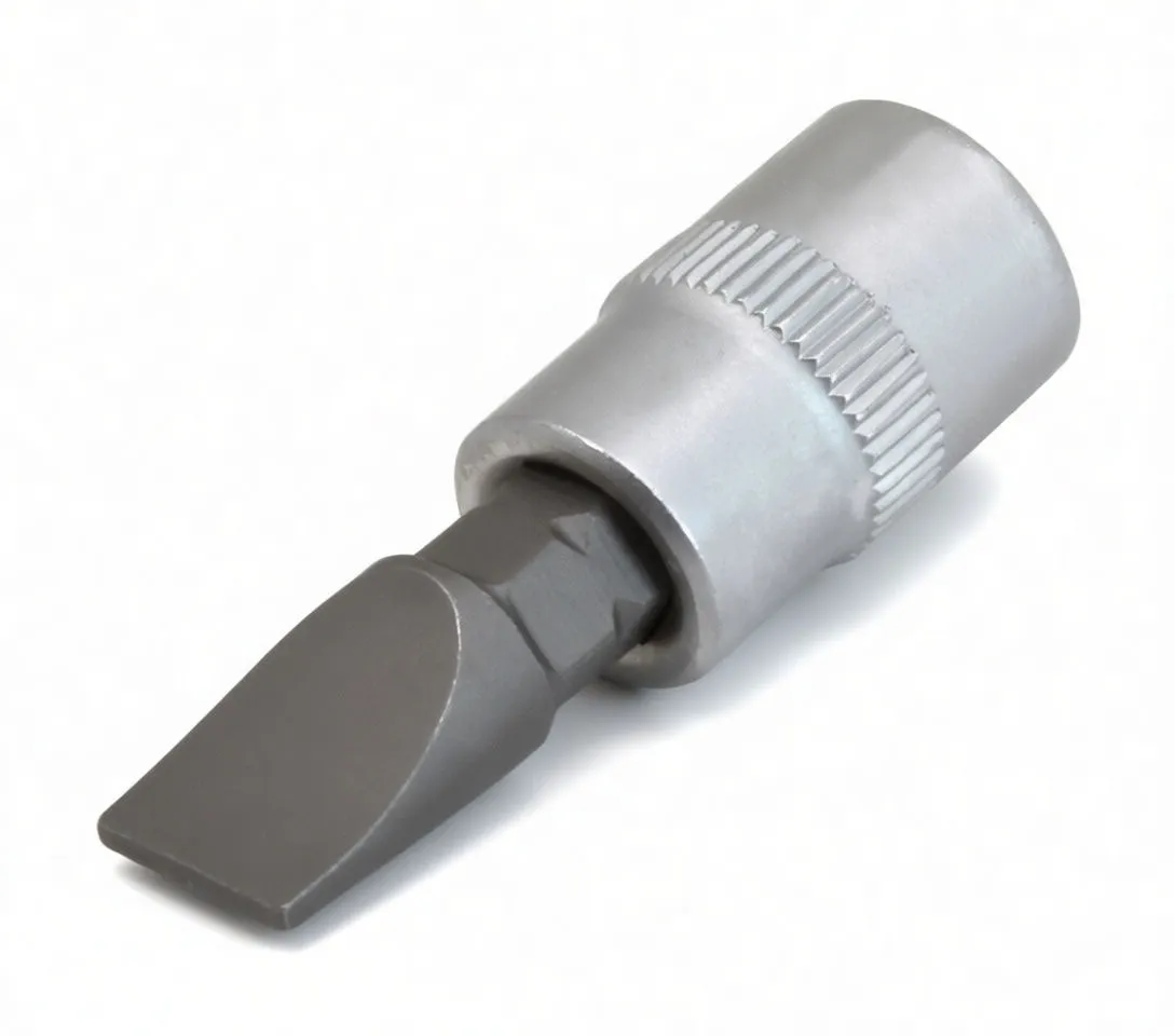 Angled view of chrome socket adapter with knurled grip and dark flat slotted bit on a hex shank, no visible markings.