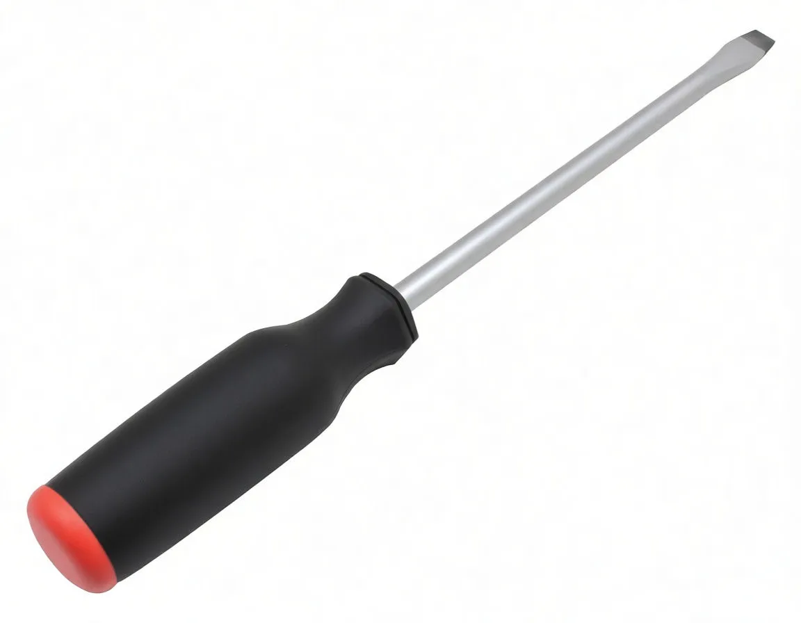 Angled close-up of slotted screwdriver handle, black and red grip with hanging hole and silver shaft