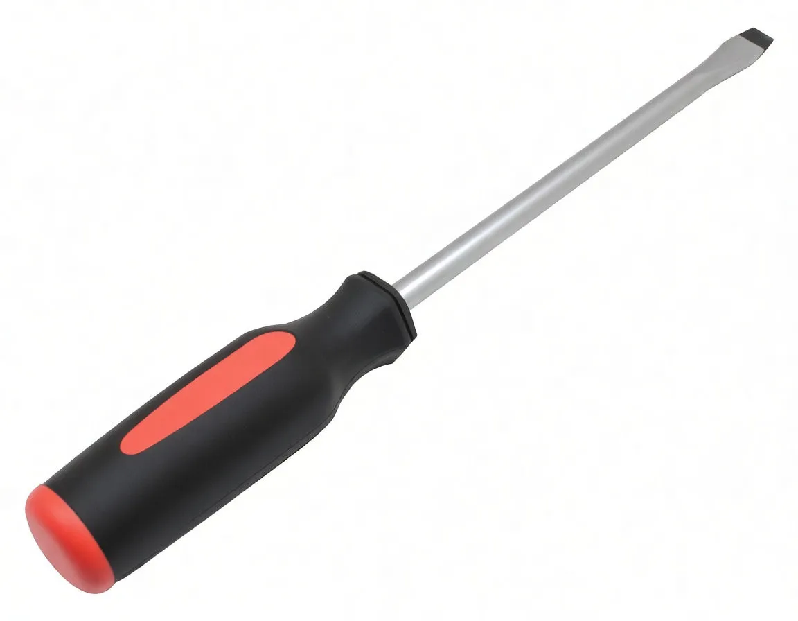 Side profile of full slotted screwdriver with engraved shaft markings, flat tip and black/red ASTA handle