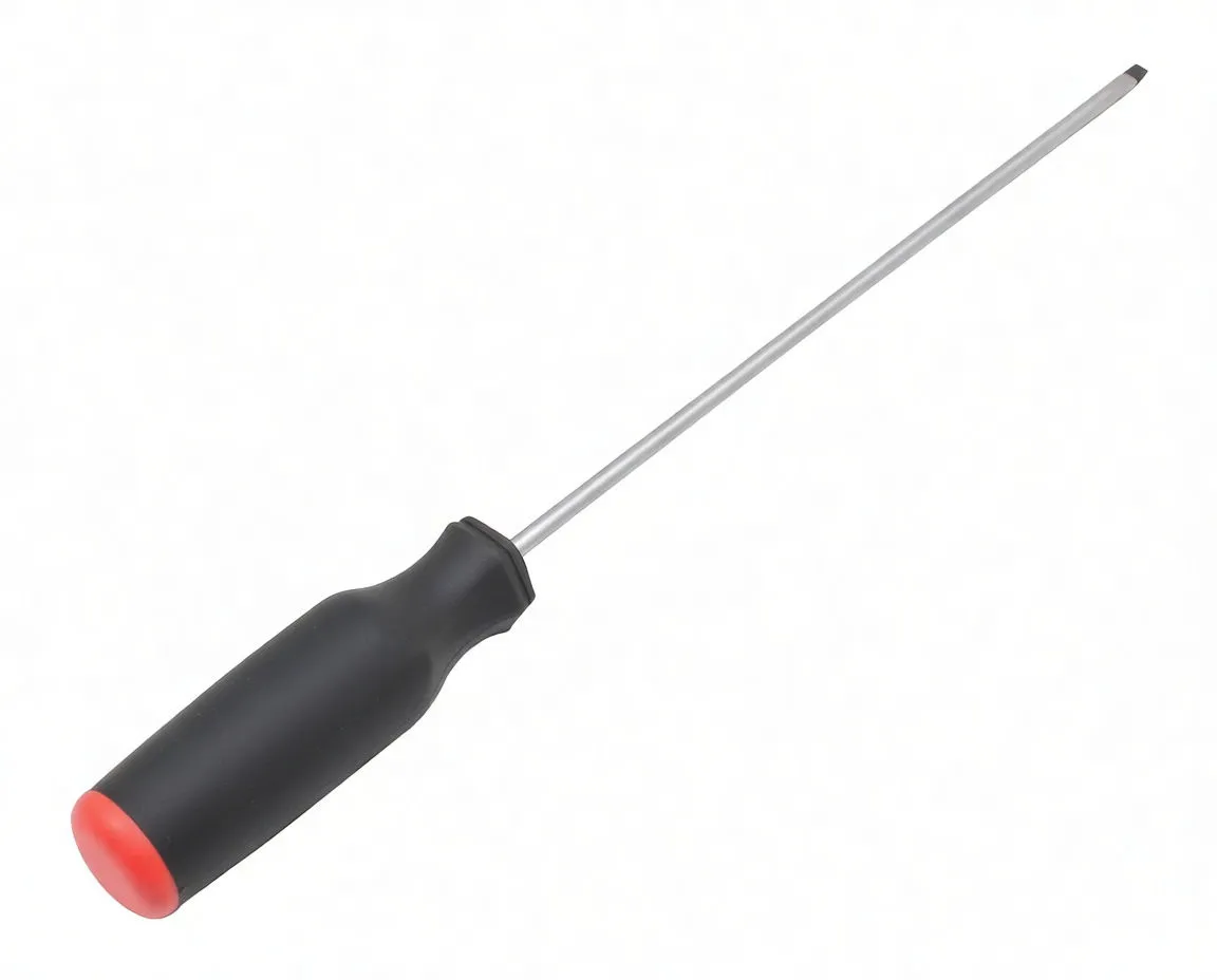 Angled shot of a slotted screwdriver showing the ergonomic black and red handle with brand marking and the long chrome shaft ending in a flat tip.