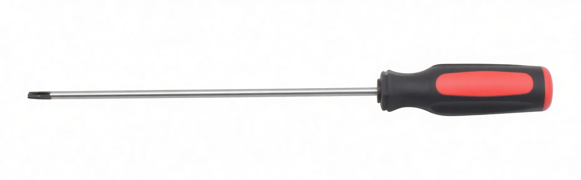 Horizontal side view of a long slotted screwdriver showing the entire chrome shaft with flat tip and a black-and-red ergonomic handle with a logo and hanging hole.