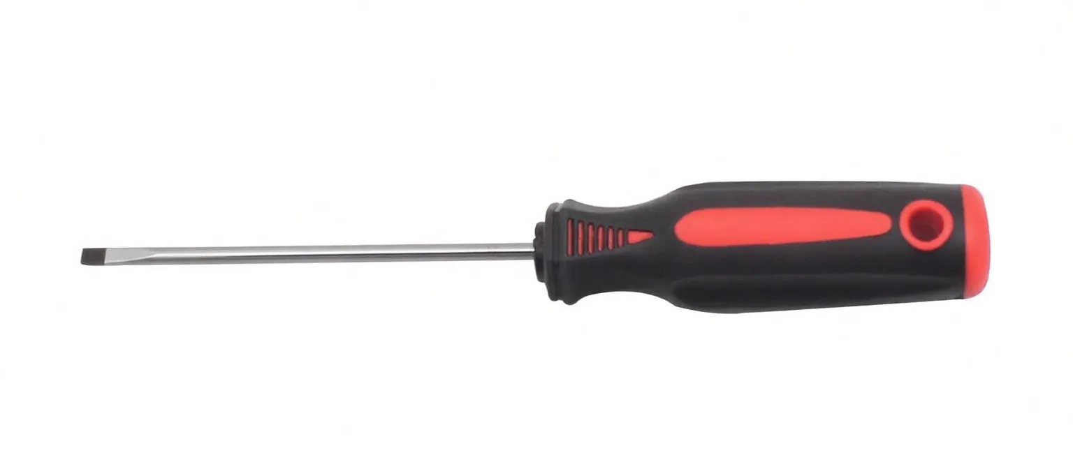 Screwdriver handle close-up with ASTA branding, textured grip and long metal shaft with flat slotted tip