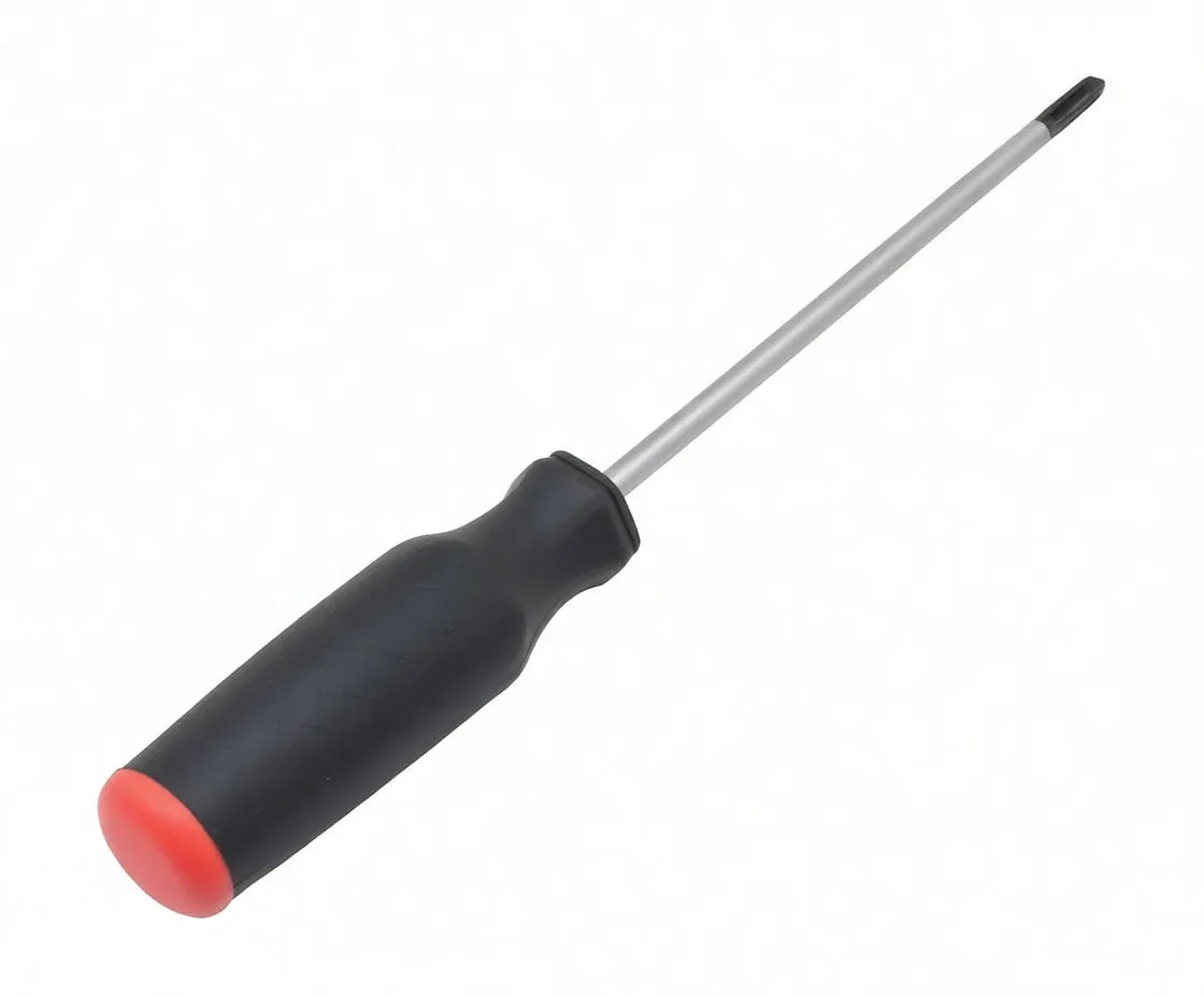 Angled close-up of slotted screwdriver showing handle details and shaft