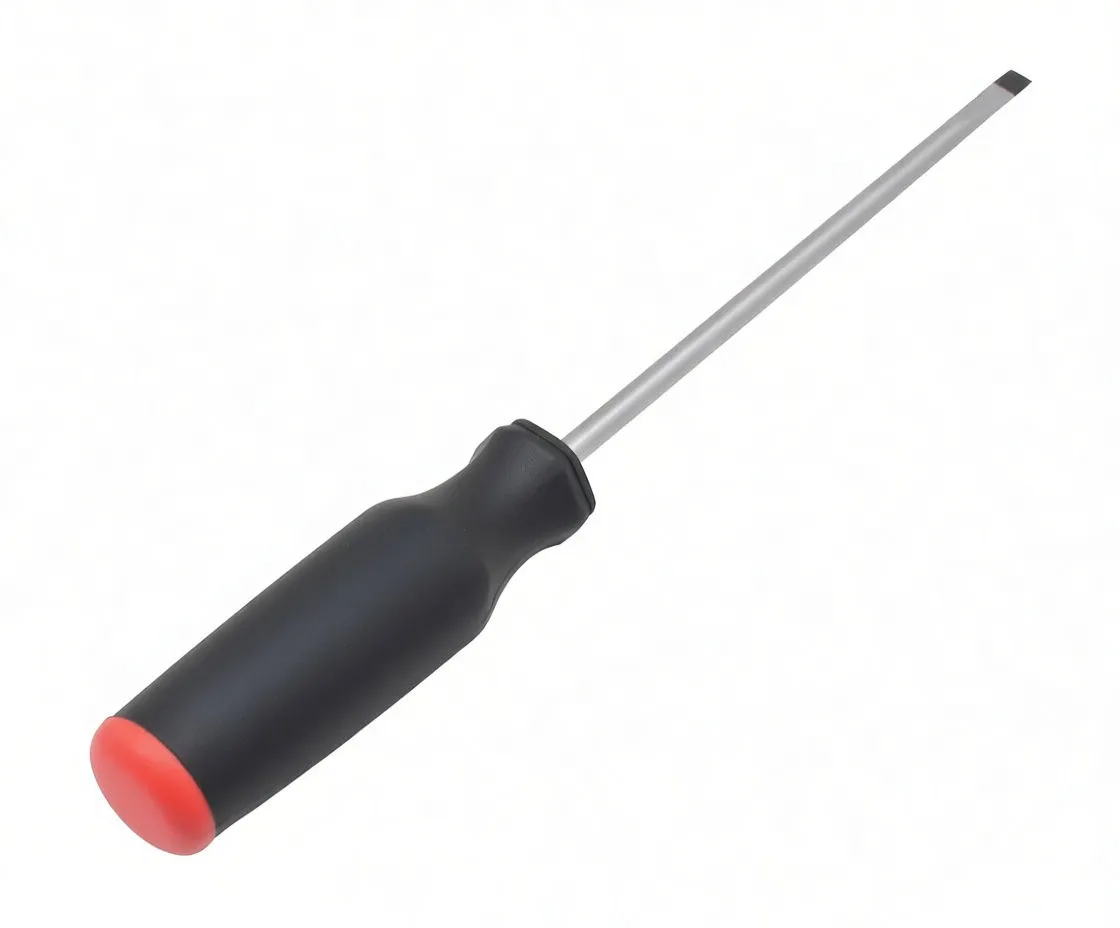 Perspective image of slotted screwdriver showing rubber grip, logo, and flat tip