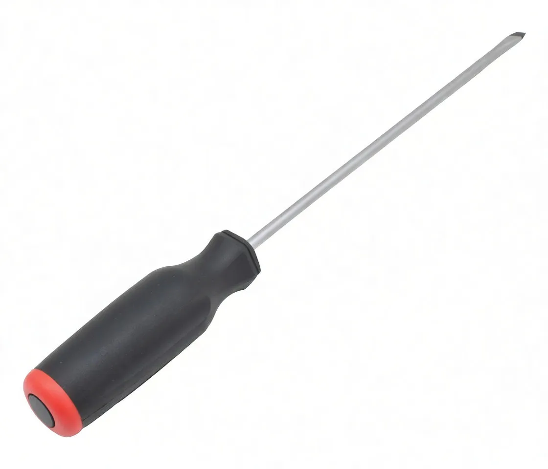 Close-up of black and red ergonomic screwdriver handle with brand marking, ribbed grip and hanging hole, with metal shaft and flat tip visible