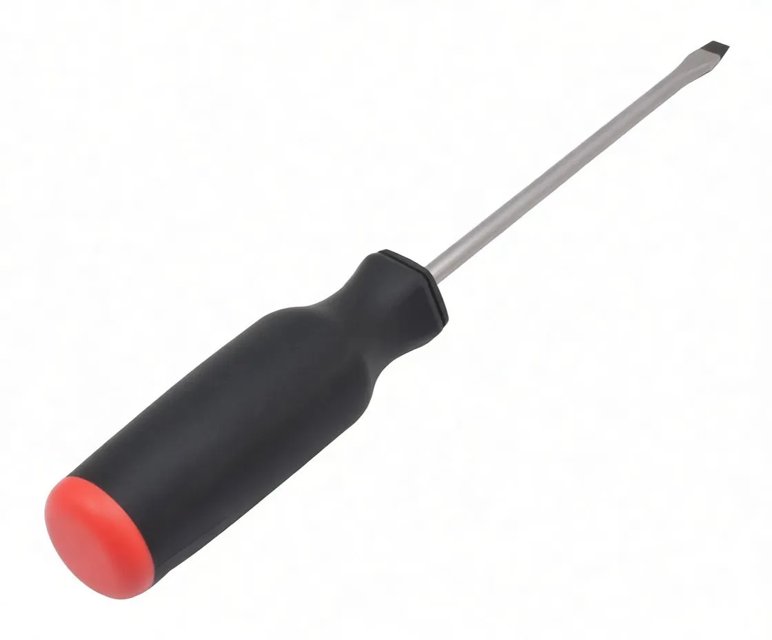 Close-up of screwdriver handle showing ASTA logo, red accents, hanging hole and the metal shaft with etched markings.