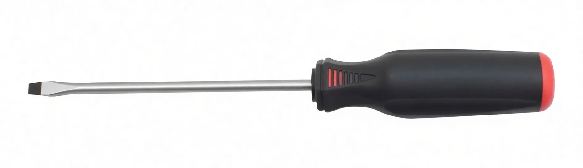 Side profile of a slotted screwdriver with long polished shaft and black-and-red contoured handle labeled ASTA.