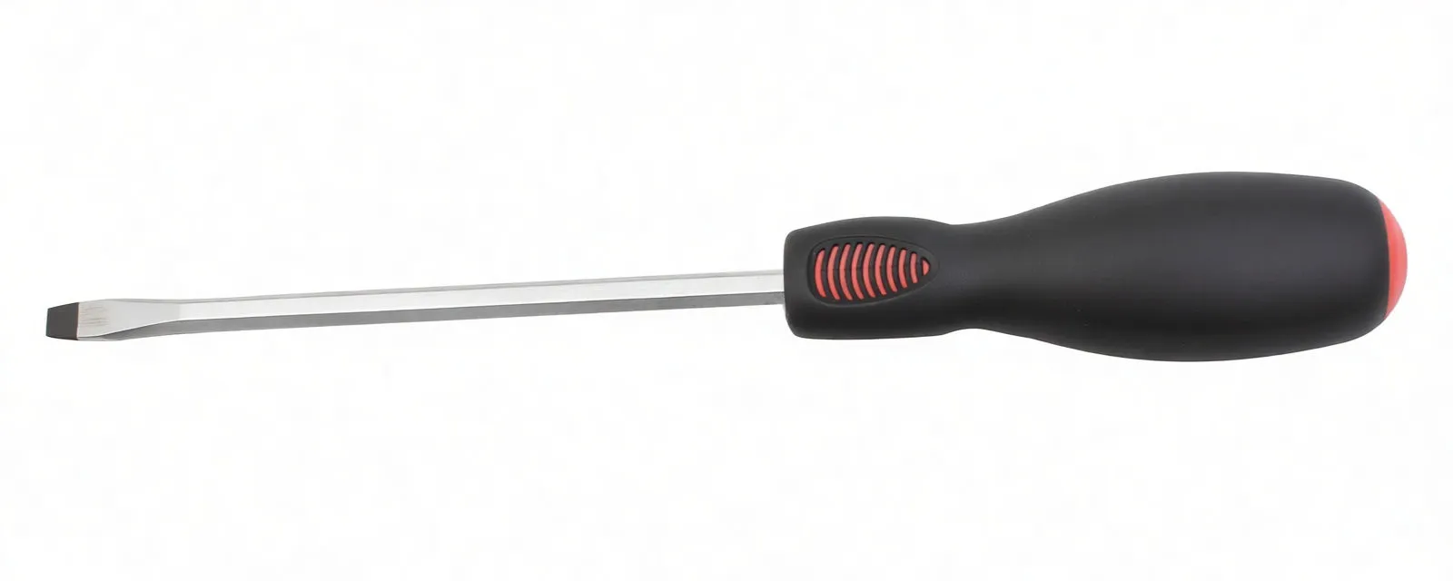 Side view of a slotted screwdriver showing full-length silver shaft with flat tip and black ASTA handle with red accents.