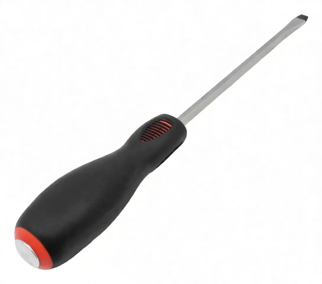 View from screwdriver butt showing rounded red and silver end cap, long faceted metal shaft and flat slotted tip, black handle with ASTA logo.