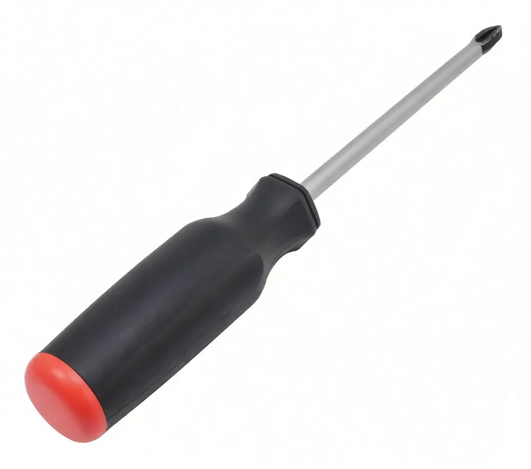 Close-up of black and red ergonomic handle of slotted screwdriver showing ASTA logo and hanging hole