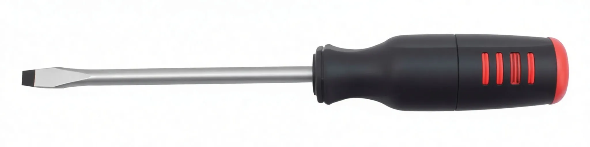 Side profile of full slotted screwdriver showing metal shaft, flat tip and black/red ASTA handle
