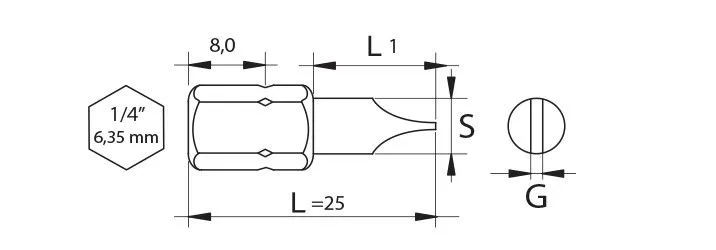 Technical drawing of a 1/4" hex slotted screwdriver bit with labeled dimensions L=25, 8.0 mm, L1, S and G and a hexagon callout 1/4" (6.35 mm)