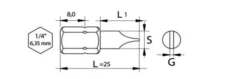 Technical diagram of a 1/4" hex slotted screwdriver bit with dimensions L=25, 8.0, and labeled S, G and L1
