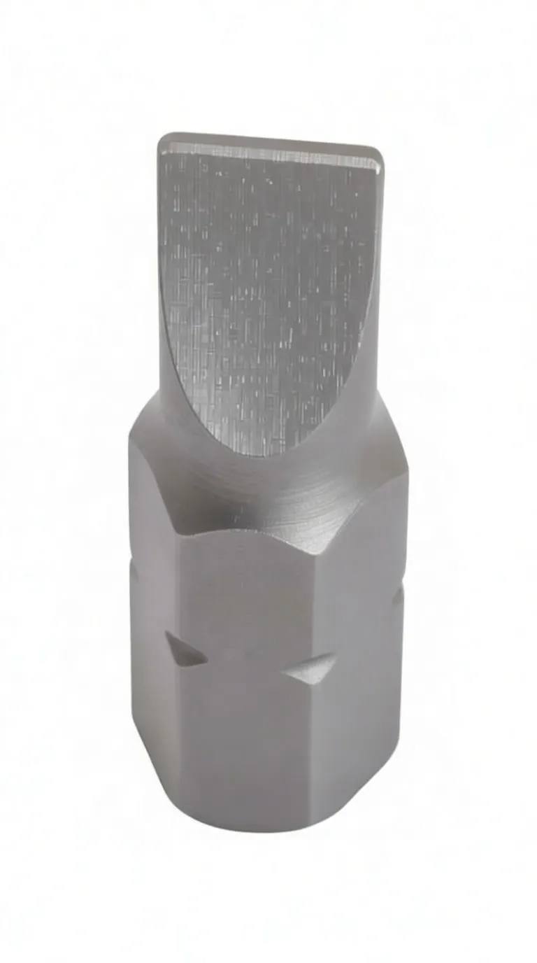 Angled side view of a slotted screwdriver bit showing flat blade, tapered neck and stamped marking on hex shank
