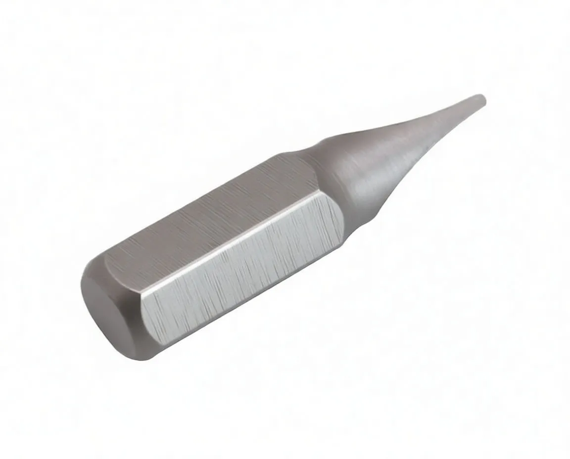 Oblique view of a short slotted 1/4" hex bit showing tip, hex body and engraved brand marking