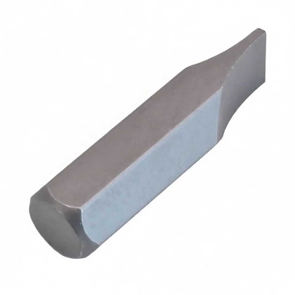 Full-length diagonal view of metal slotted screwdriver bit with ASTA marking
