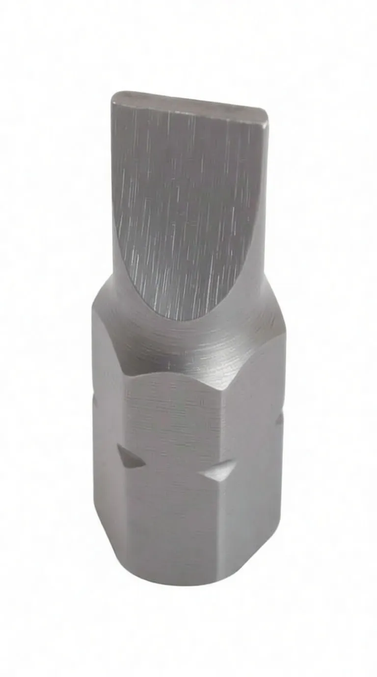 Perspective view of a slotted 1/4" hex screwdriver bit showing tapered profile and stamped marking