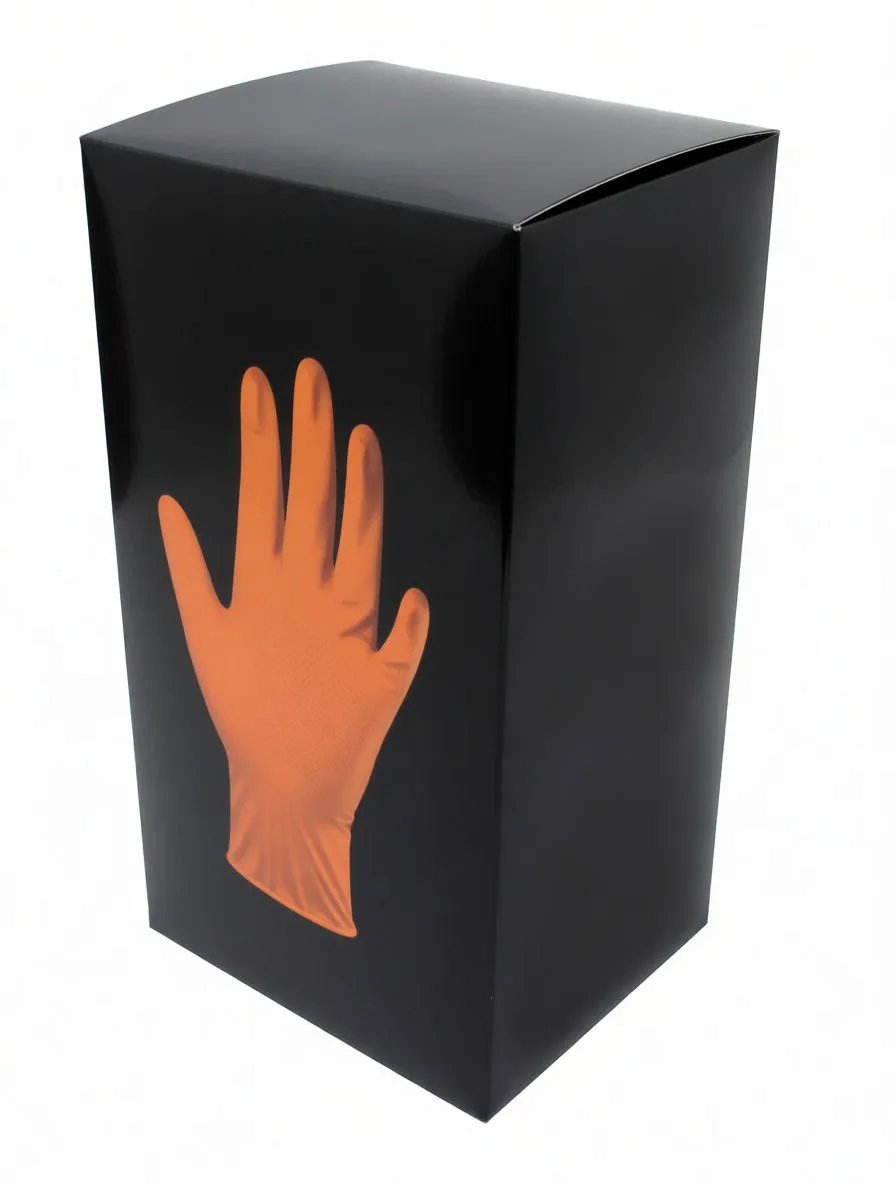 SaTra S-S9GYD glove box displaying orange glove image and '100' pieces per box