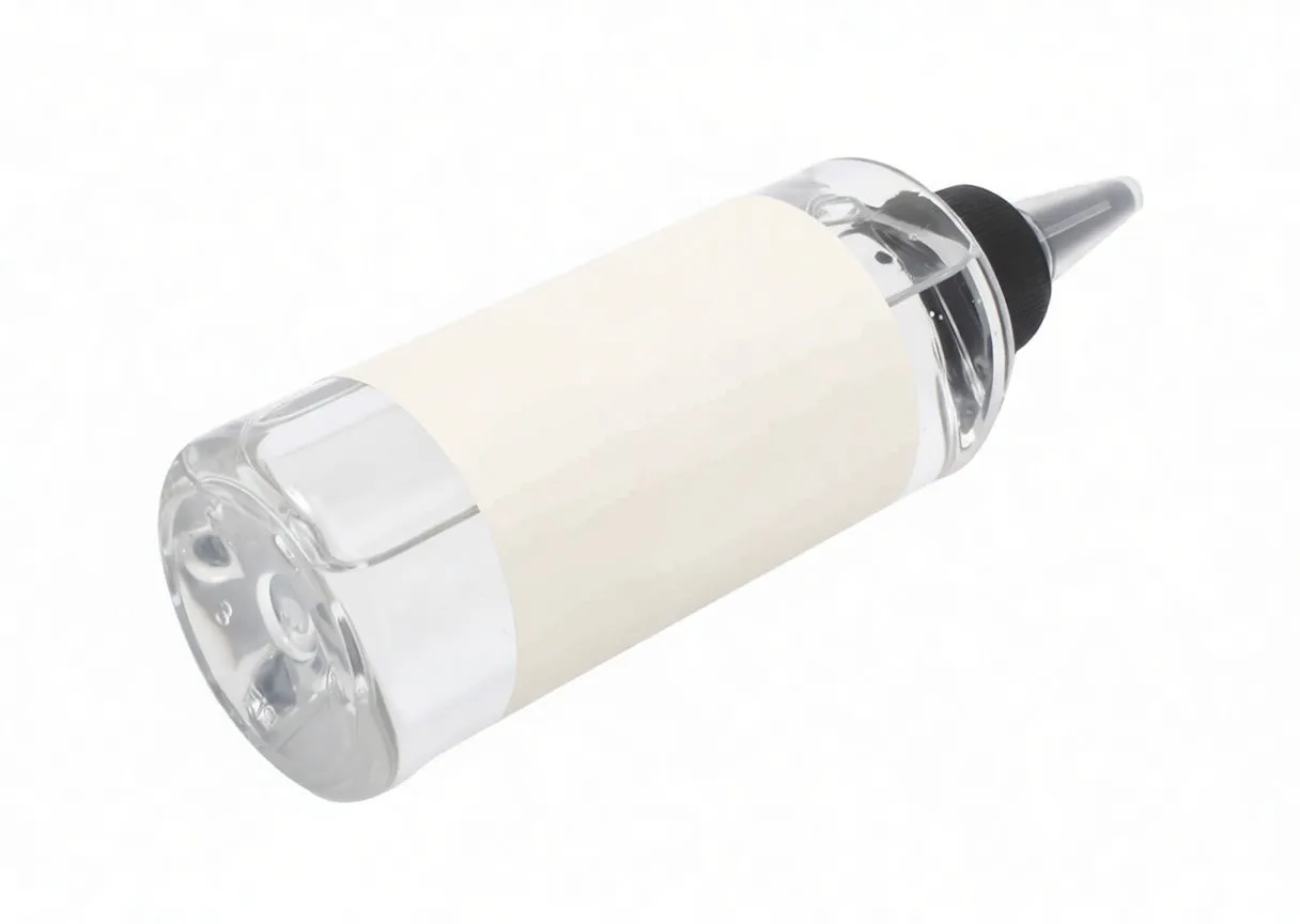 Clear bottle on its side with black ASTA label, black cap and pointed translucent nozzle, shows clear liquid and molded base