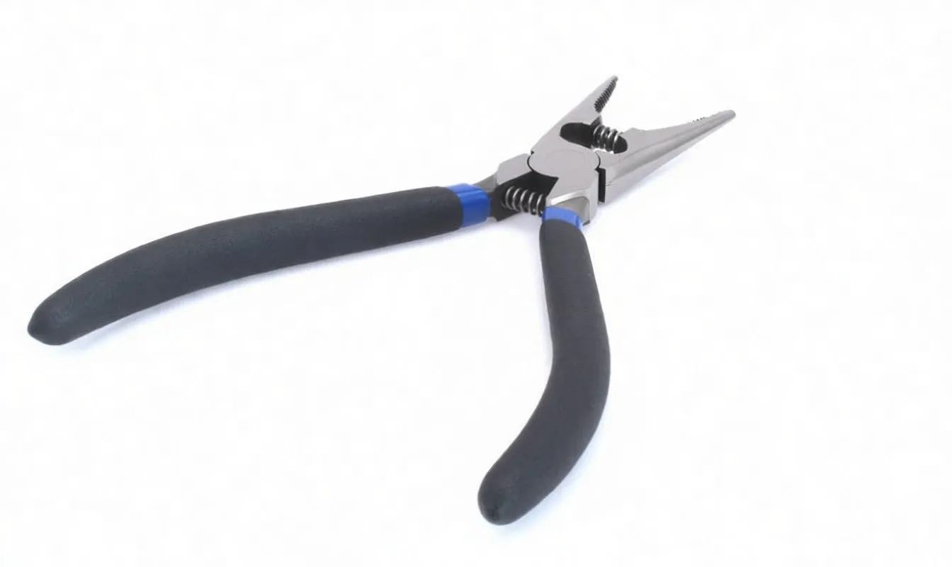 Open snap ring pliers seen from above showing curved black handles, spring pivot and slim jaws with pins
