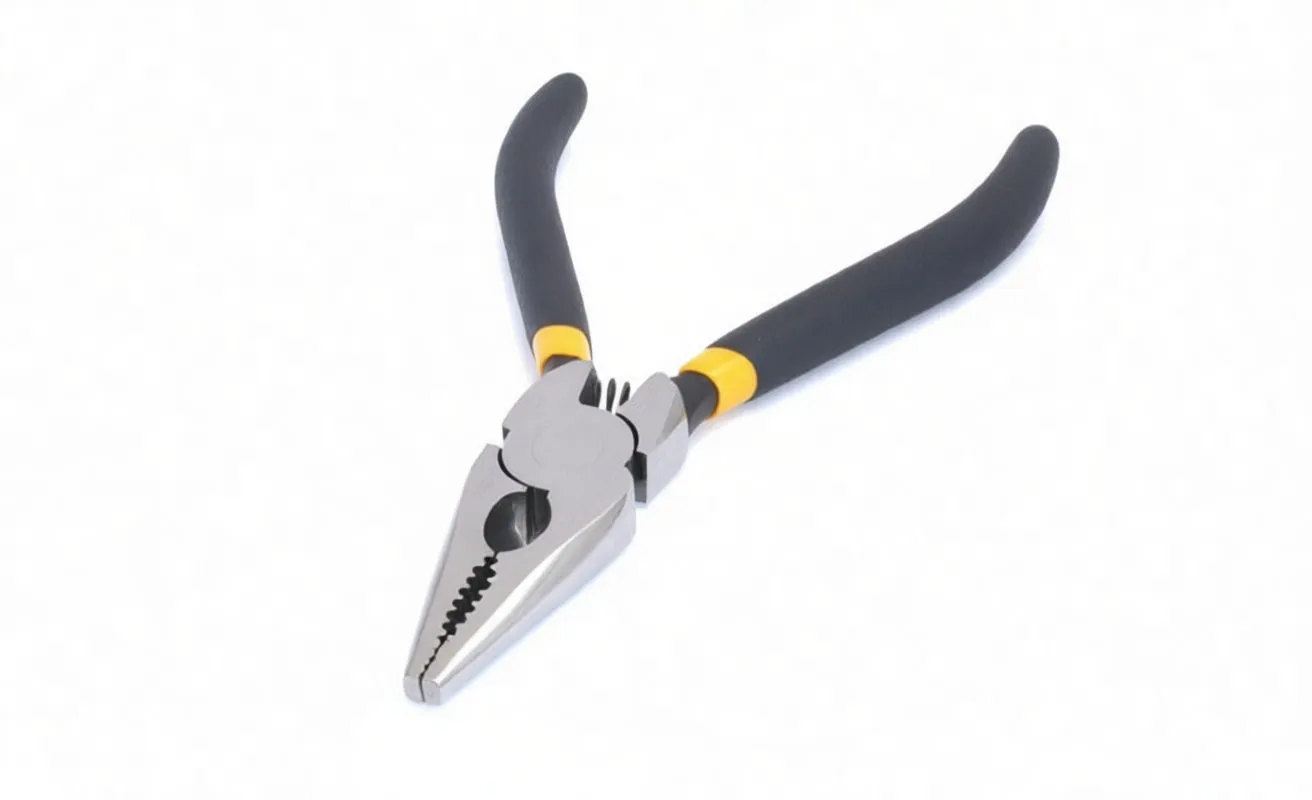 Angled view of snap ring pliers showing ASTA-marked metal head, round tip jaws, curved black foam handles with yellow collars.