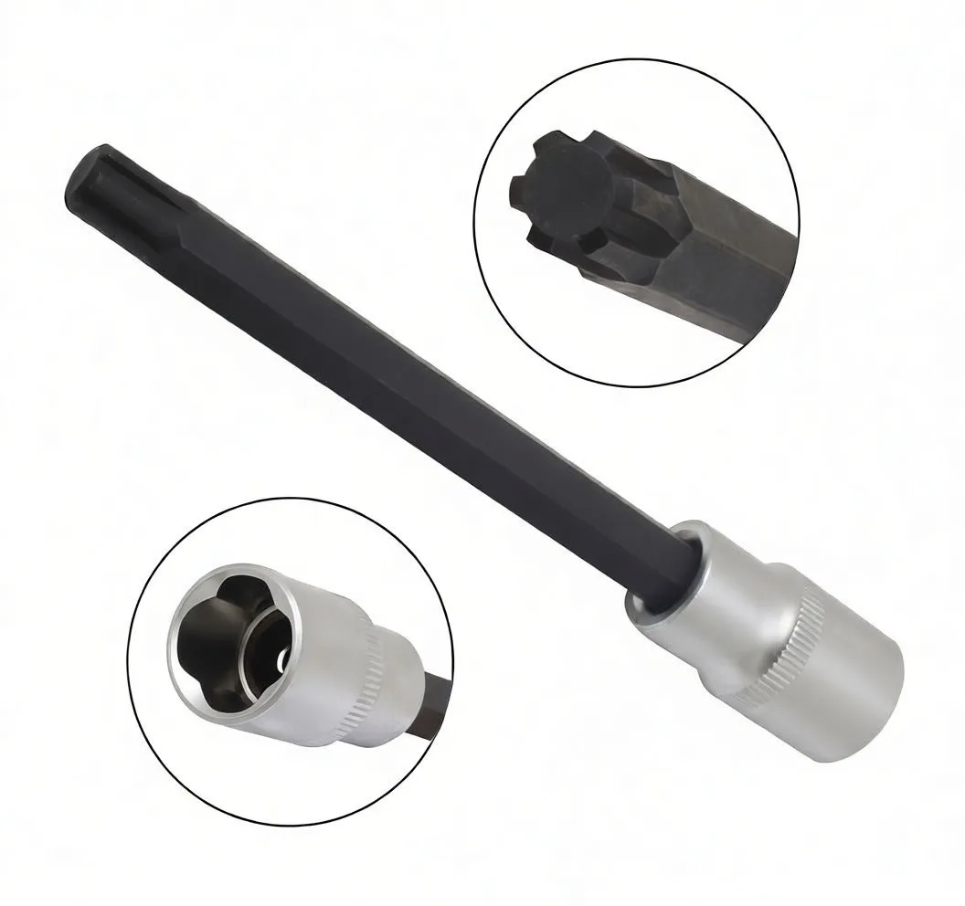 Angled product image with insets: close-up of polydrive tip and close-up of knurled socket end; shaft marked S2 RT10