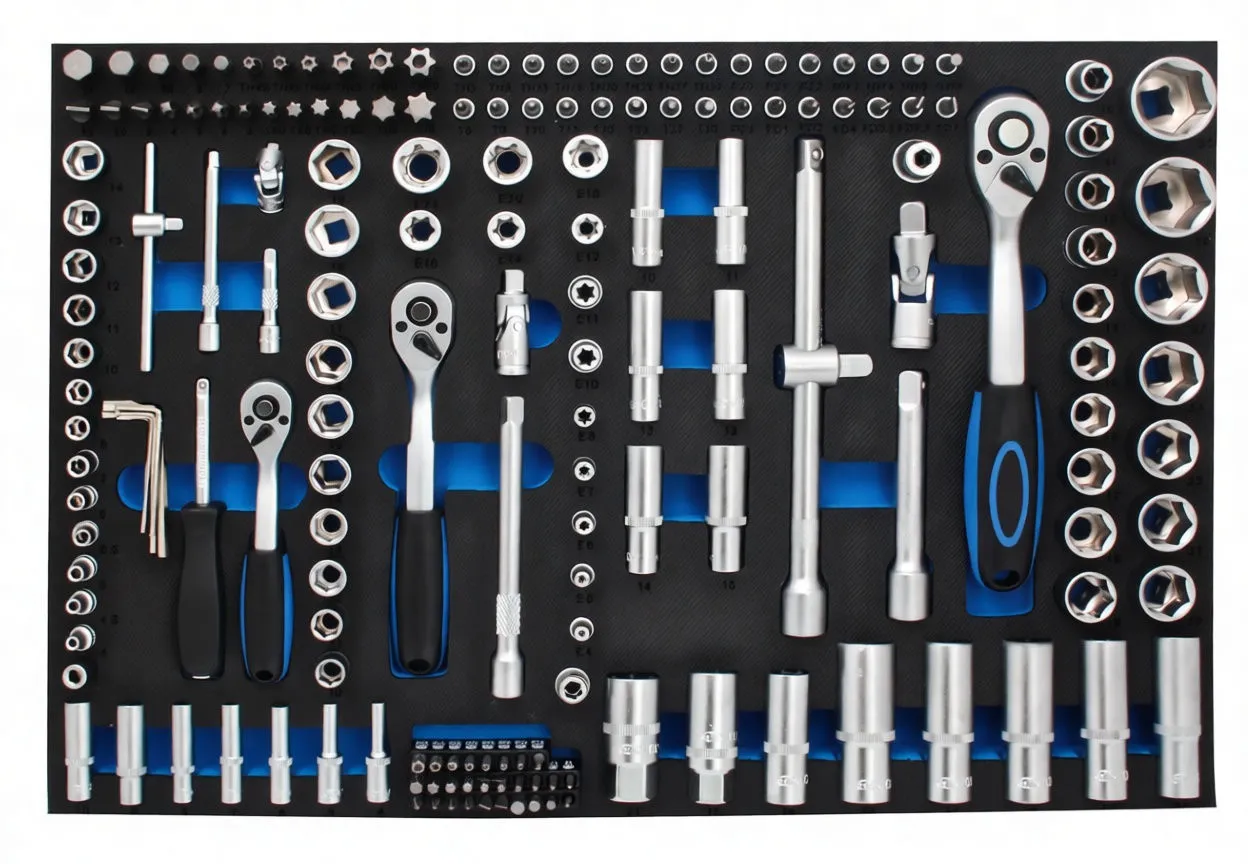 Top view of a foam tool organizer with chrome sockets, ratchets, extensions, Allen keys and a visible ASTA logo on the foam