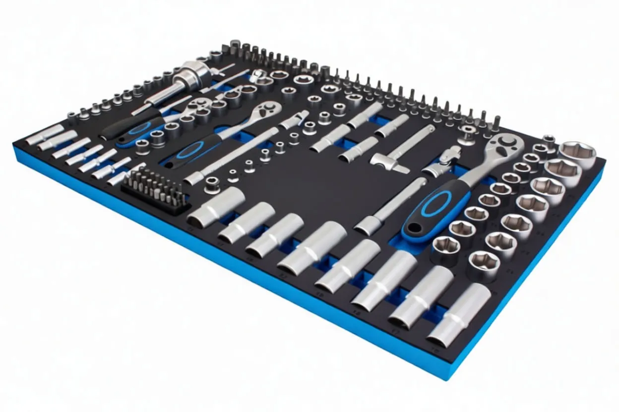 Angled view of a modular foam tool insert with organized chrome sockets, ratchets, extensions and bit rows on a blue-backed tray