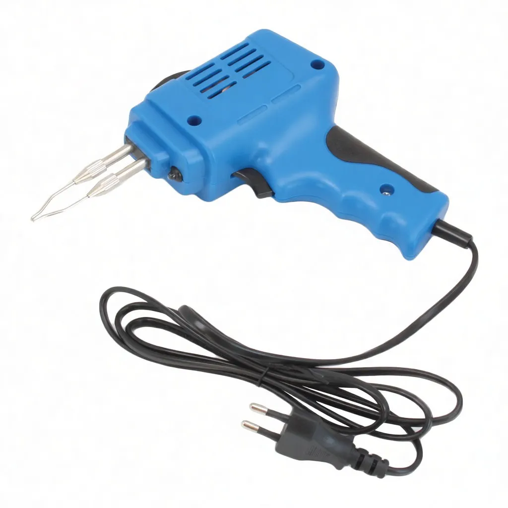Blue pistol-grip soldering gun with twin metal tips, ventilation slots, trigger, black cord and two-pin plug, labeled 'satra'