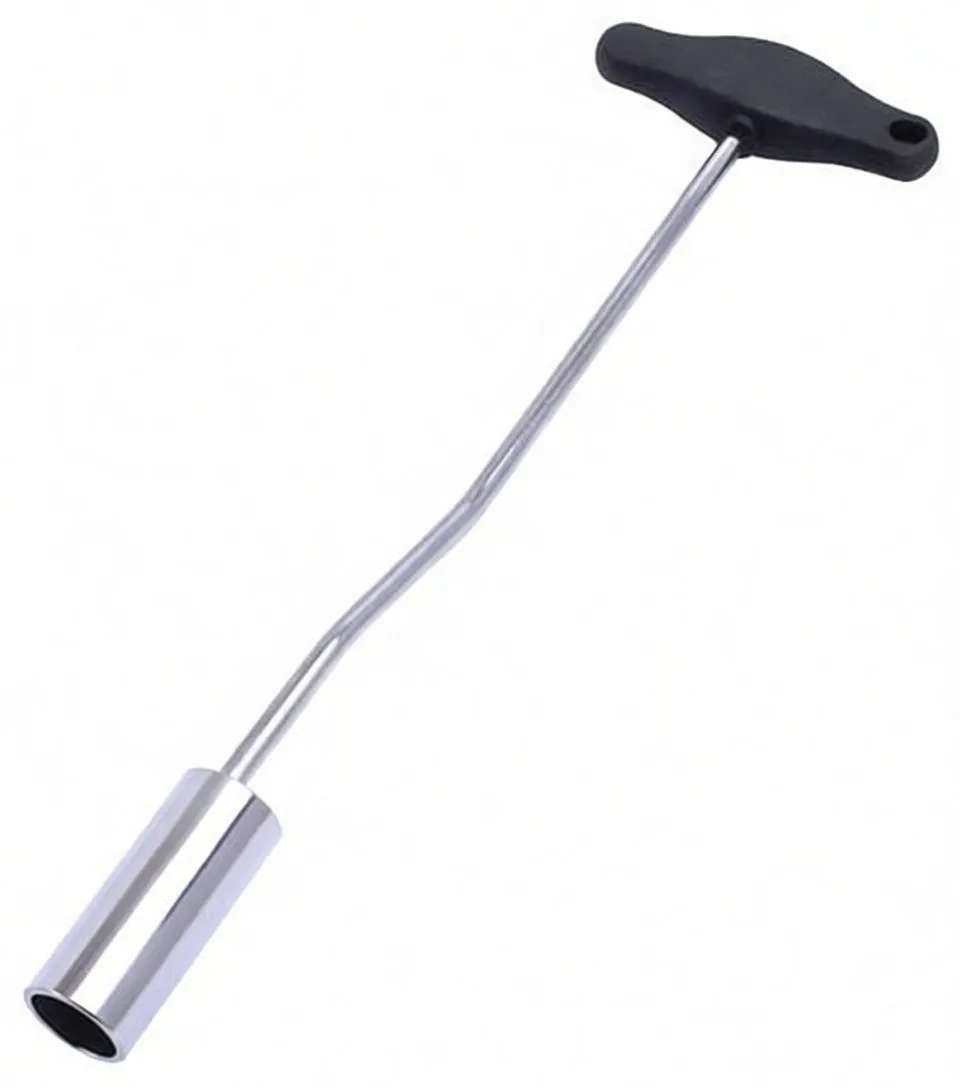 Full-length spark plug wire puller with T-handle, bent chrome shaft and slotted tubular socket showing rivet and stamped code