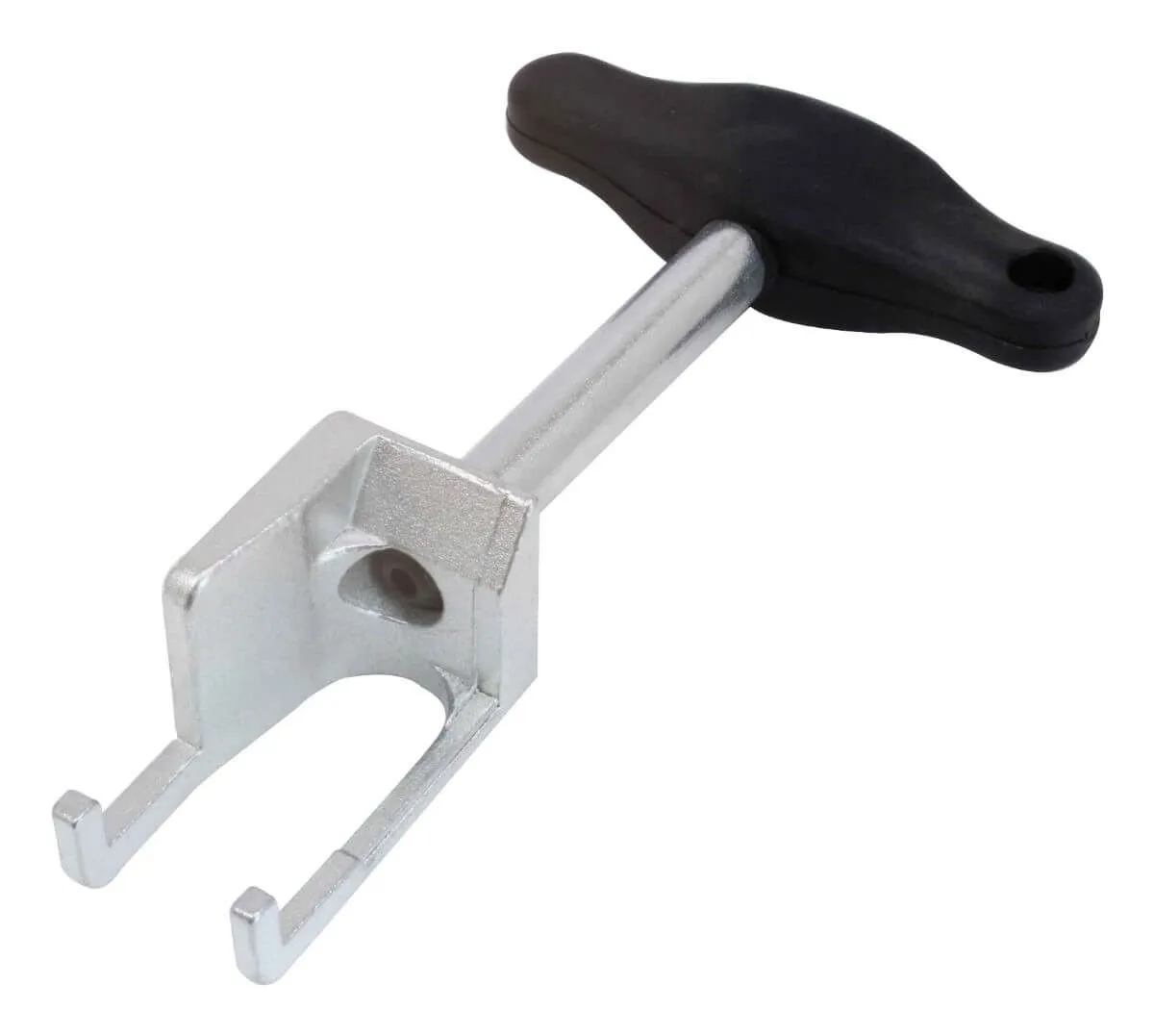 Close-up of one T-handle spark plug puller showing black handle, metal shaft and U-shaped forked head with semicircular cutout.