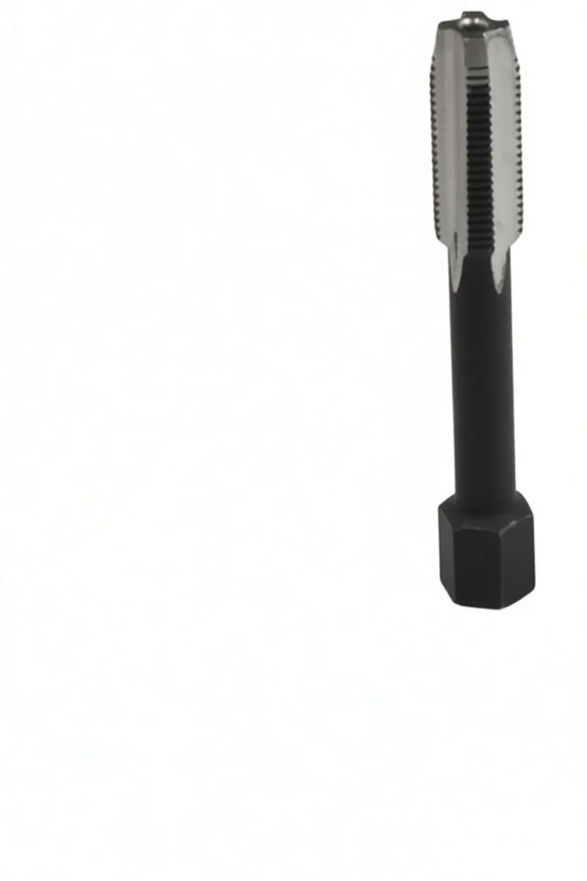 Diagonal M10X1 tap tool and four black spark plug thread repair inserts on white background