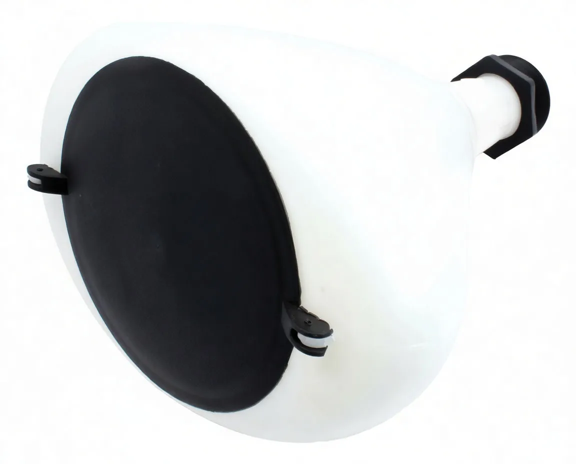 Bottom/top view of funnel showing black lid held by two metal-clipped hinges and the white body with threaded spout