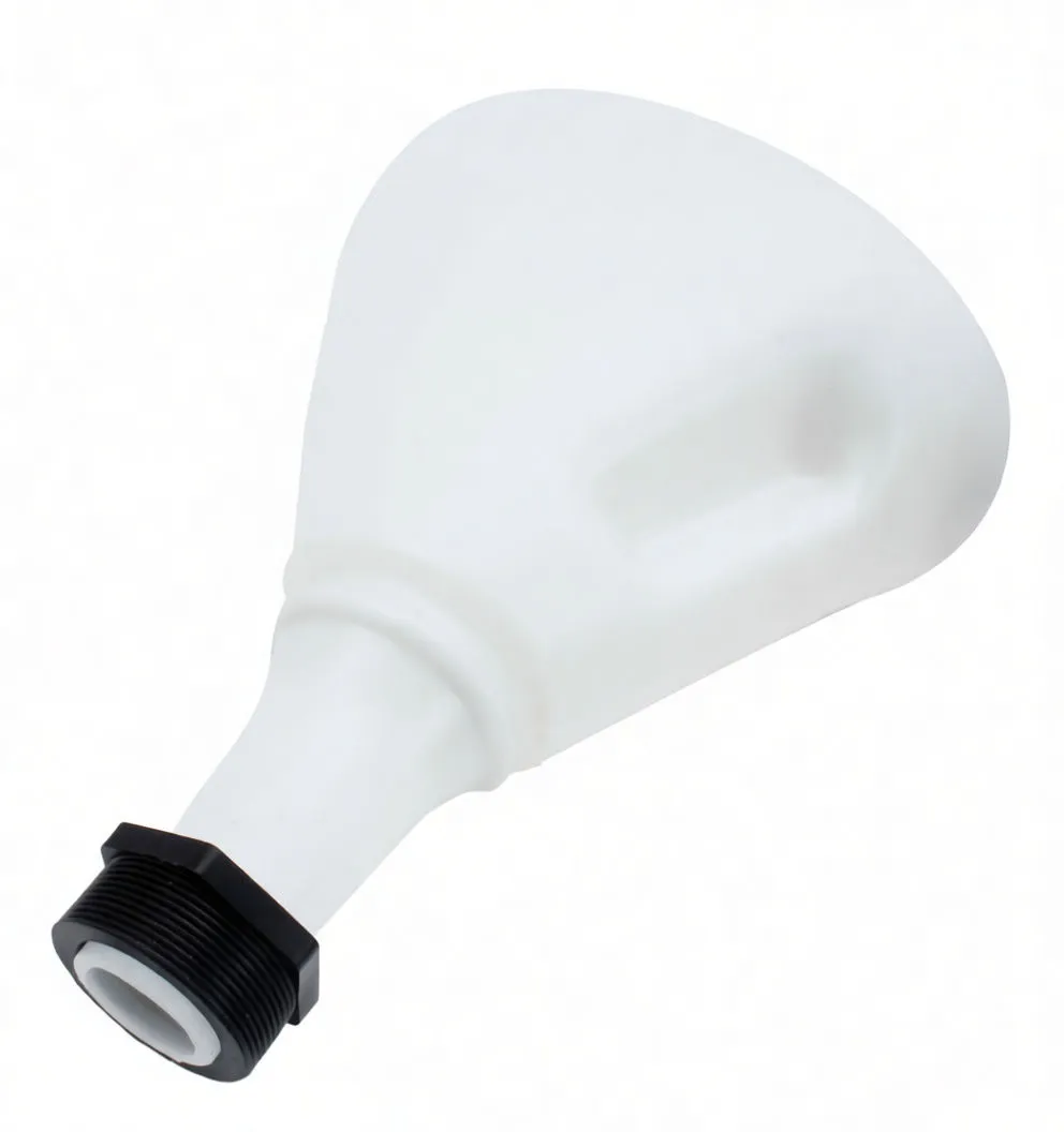 Angled side view of white funnel with ASTA logo, barcode sticker and black threaded spout fitting