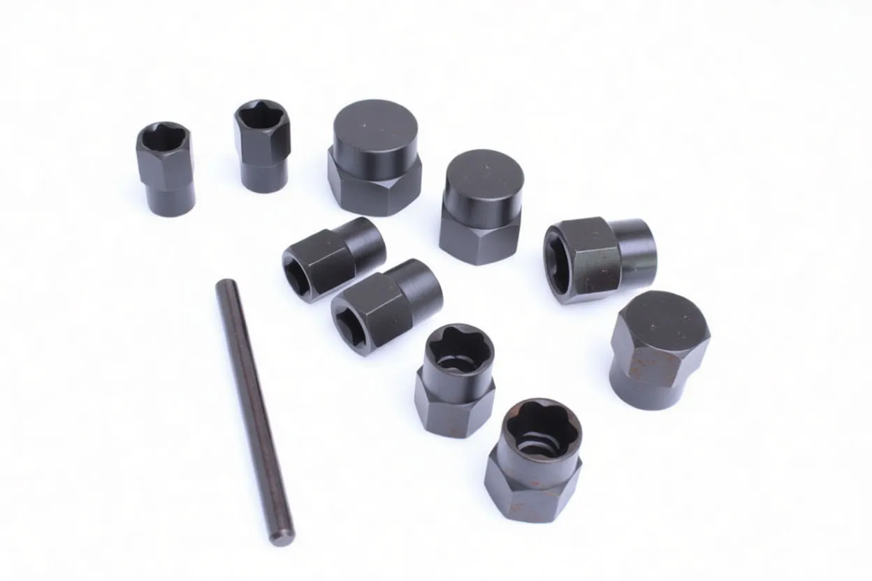 Close-up of black bolt extractor sockets showing internal gripping teeth and hexagonal outer faces.