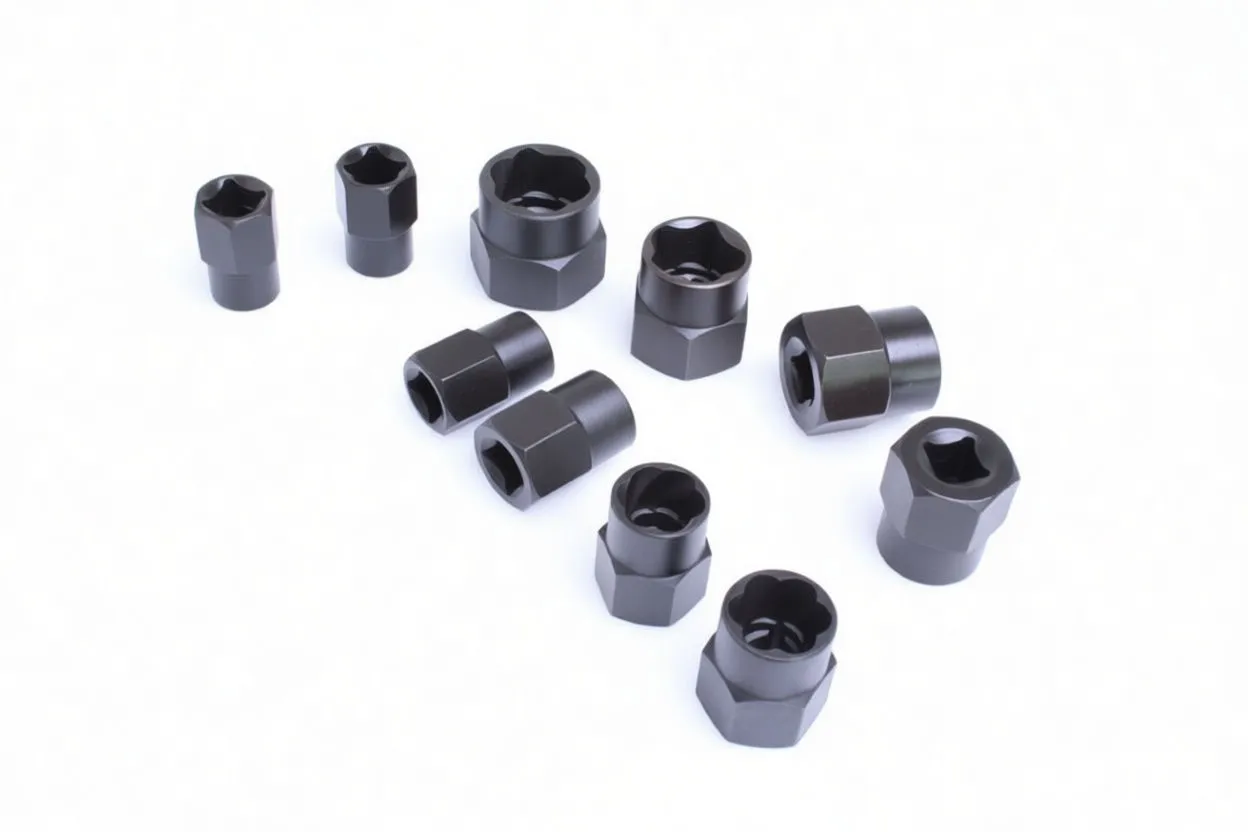 Set of black bolt extractor sockets and a steel driver rod displayed on a white surface.
