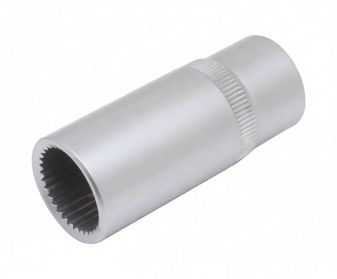 Perspective shot of chrome cylindrical socket showing internal fine splines, knurled mid band and engraved brand text.