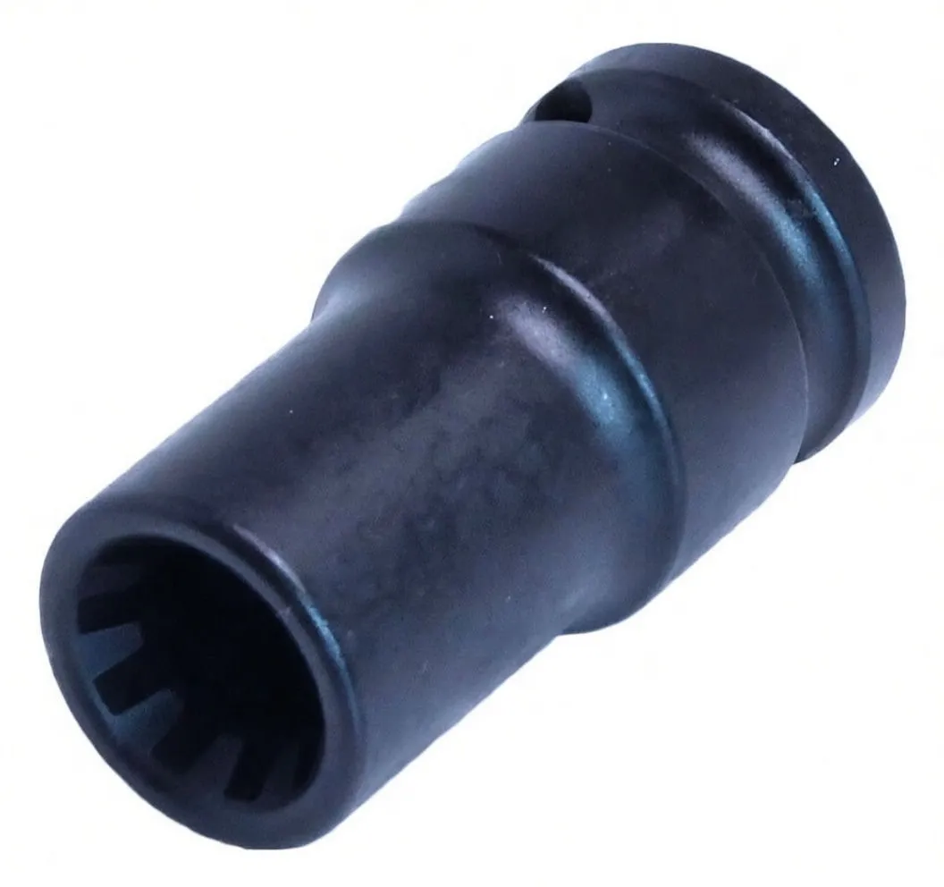 Angled side view of a black impact brake caliper socket with ASTA logo, model marking and visible retaining hole and internal splines