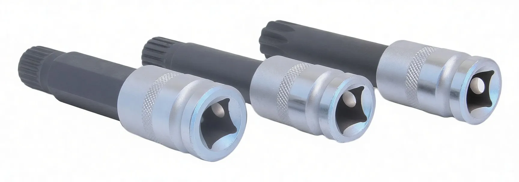 Top/rear view of three sockets lying flat, showing three different black multi-spline shaft ends and chrome knurled bases.