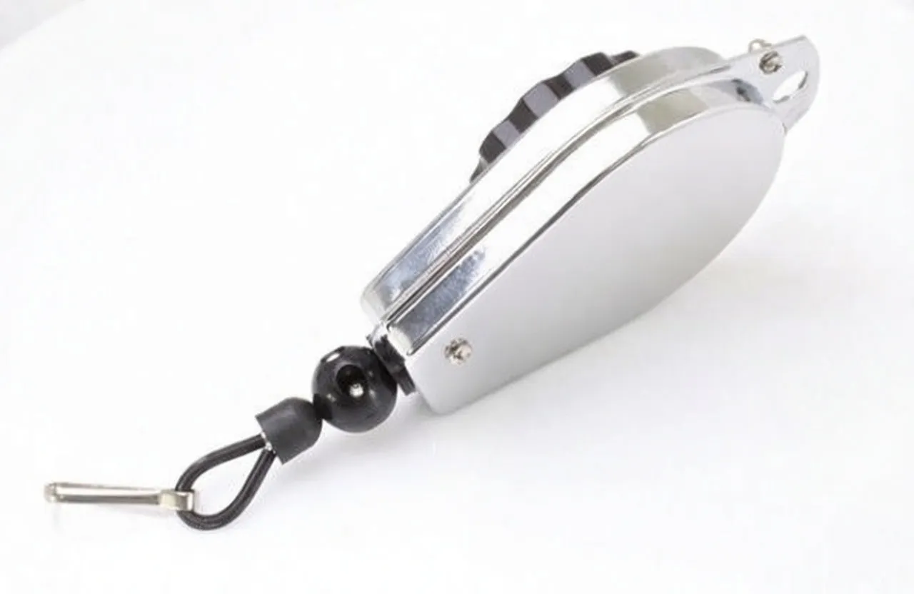 Side view of chrome spring balancer showing label, mounting hole and cable with clip