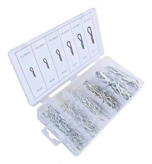 Angled shot of an open clear case with compartments full of silver hairpin cotter pins and a labelled lid