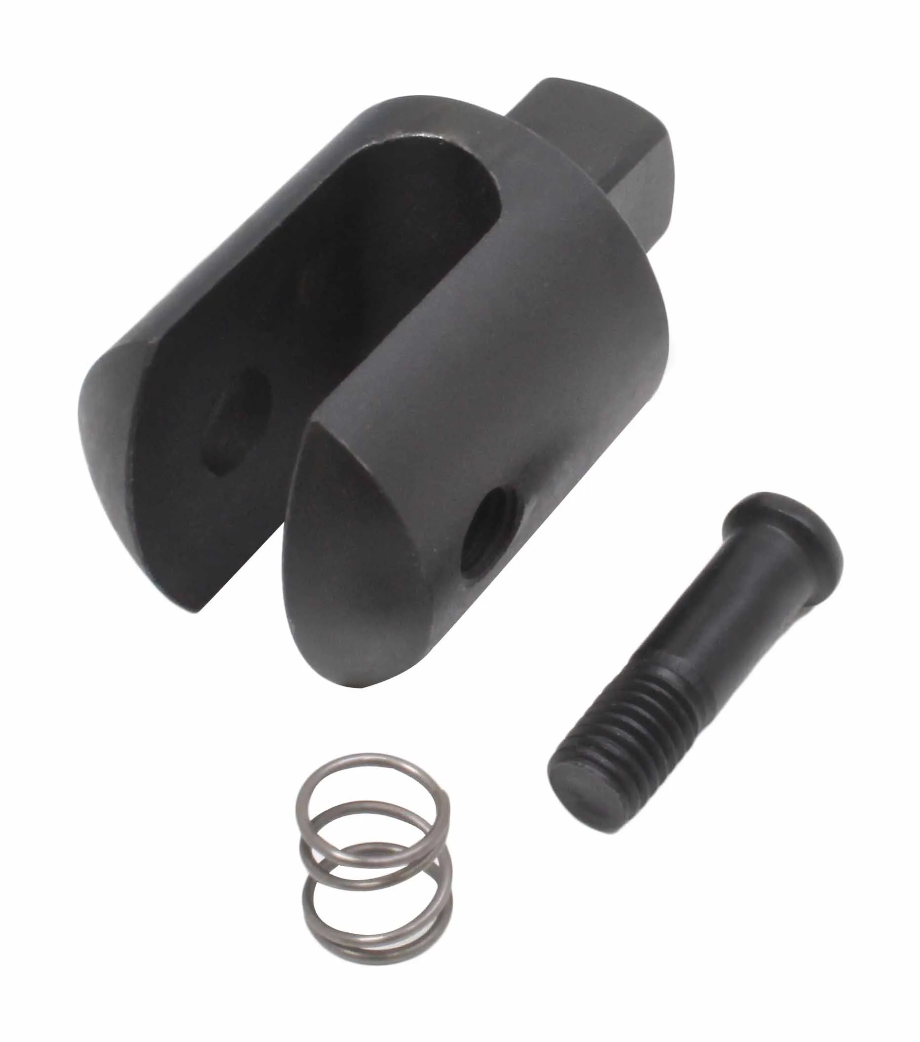 Side view of U-shaped adapter with visible fork slot, threaded hole, bolt and compression spring