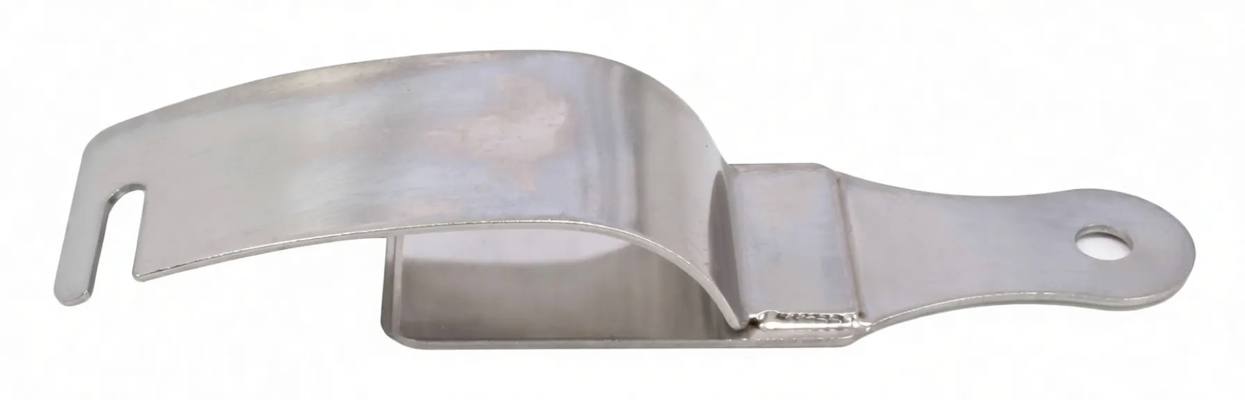 Side profile of a curved stainless steel tire tool showing arch, PAT.P interior stamp, welded ASIA plate and slot tip